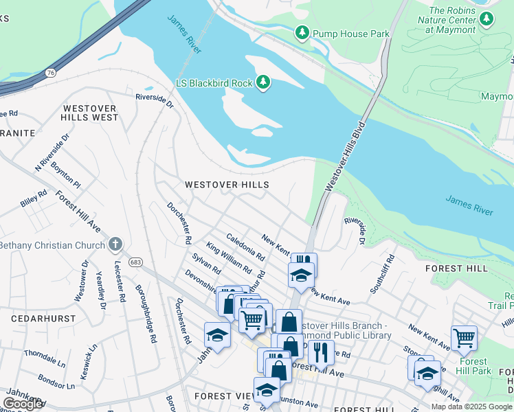 map of restaurants, bars, coffee shops, grocery stores, and more near 5115 Evelyn Byrd Road in Richmond