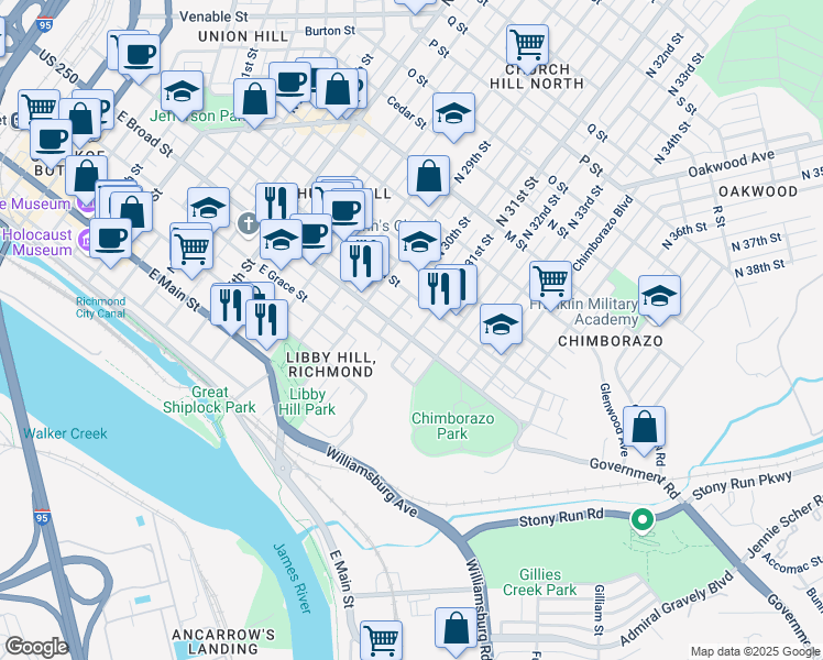 map of restaurants, bars, coffee shops, grocery stores, and more near 3018 East Broad Street in Richmond