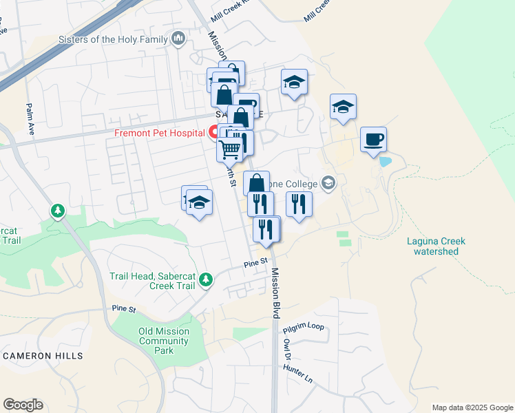 map of restaurants, bars, coffee shops, grocery stores, and more near 43575 Mission Boulevard in Fremont