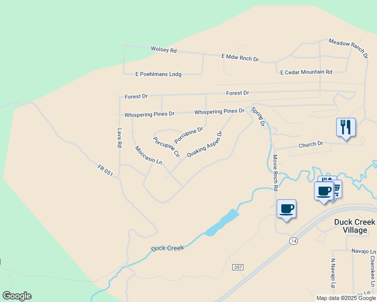 map of restaurants, bars, coffee shops, grocery stores, and more near 305 Quaking Aspen Drive in Duck Creek Village