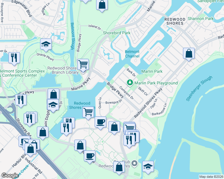 map of restaurants, bars, coffee shops, grocery stores, and more near 411 Lanyard Drive in Redwood City