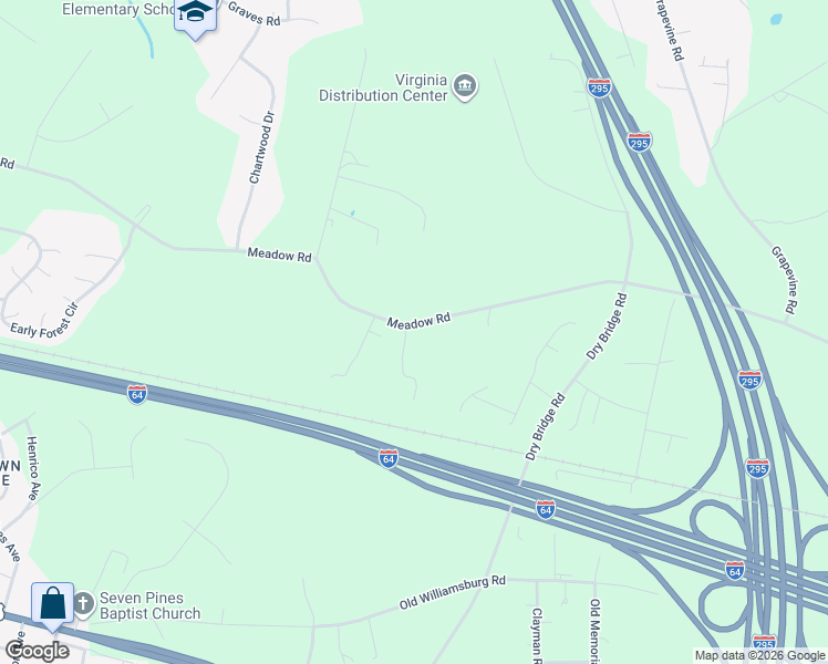 map of restaurants, bars, coffee shops, grocery stores, and more near 2241 Meadow Road in Sandston