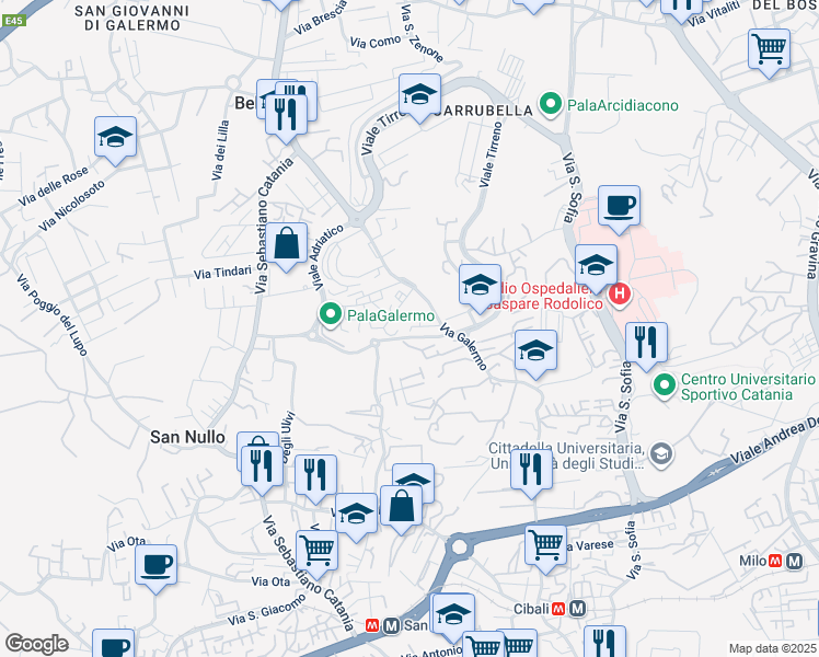 map of restaurants, bars, coffee shops, grocery stores, and more near 17 Via Fratelli Gualandi in Catania