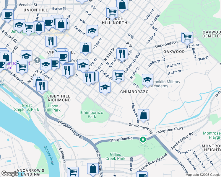 map of restaurants, bars, coffee shops, grocery stores, and more near 500 Chimborazo Boulevard in Richmond