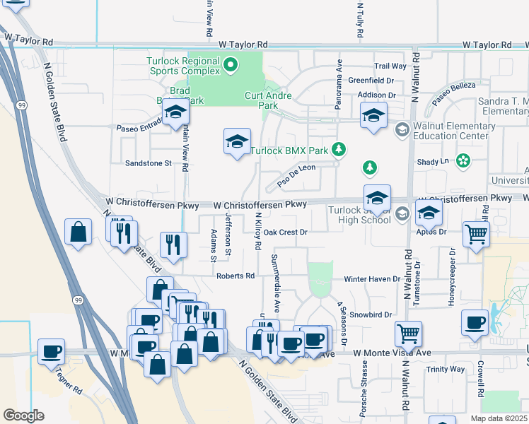 map of restaurants, bars, coffee shops, grocery stores, and more near 2330 West Christoffersen Parkway in Turlock