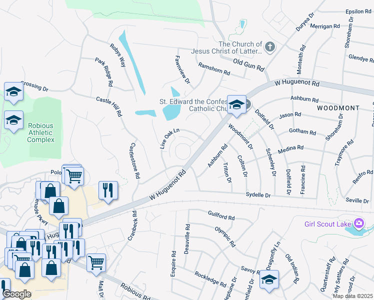 map of restaurants, bars, coffee shops, grocery stores, and more near 11167 Live Oak Circle in Midlothian