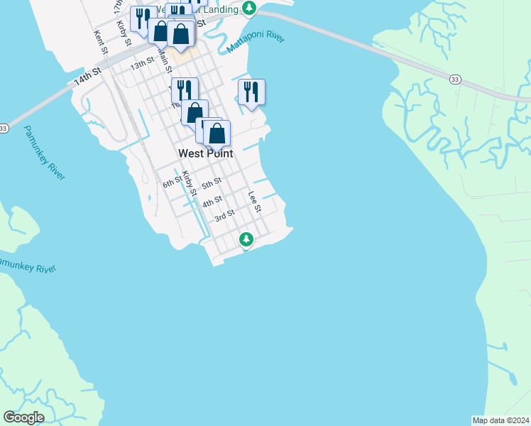 map of restaurants, bars, coffee shops, grocery stores, and more near 200 Lee Street in West Point