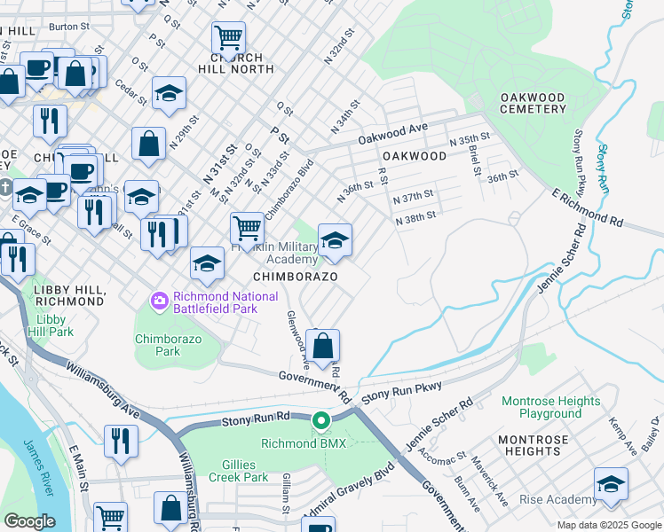 map of restaurants, bars, coffee shops, grocery stores, and more near 701 North 37th Street in Richmond
