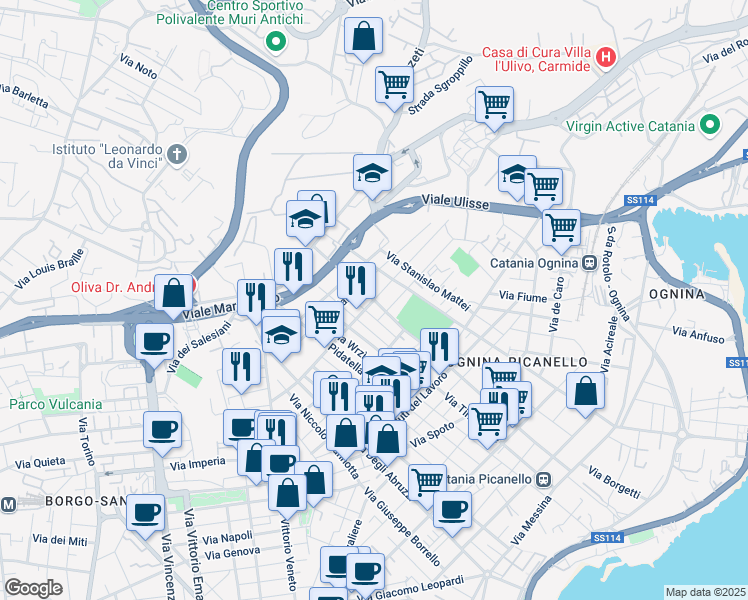 map of restaurants, bars, coffee shops, grocery stores, and more near 20 Via Antonio Cagnoni in Catania