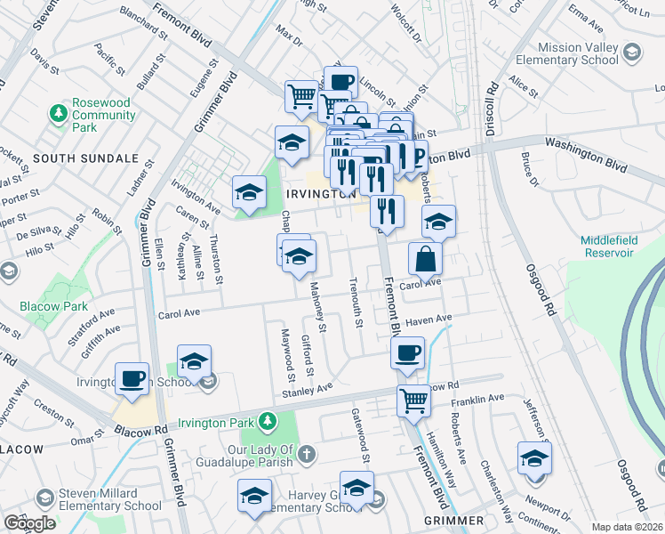 map of restaurants, bars, coffee shops, grocery stores, and more near 41455 Trenouth Street in Fremont