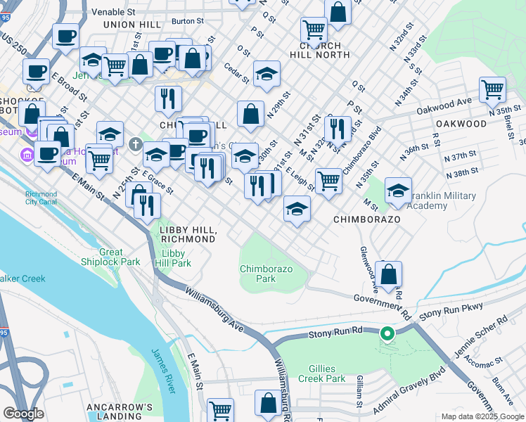 map of restaurants, bars, coffee shops, grocery stores, and more near 316 North 32nd Street in Richmond