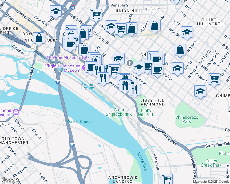 map of restaurants, bars, coffee shops, grocery stores, and more near 2400 East Cary Street in Richmond