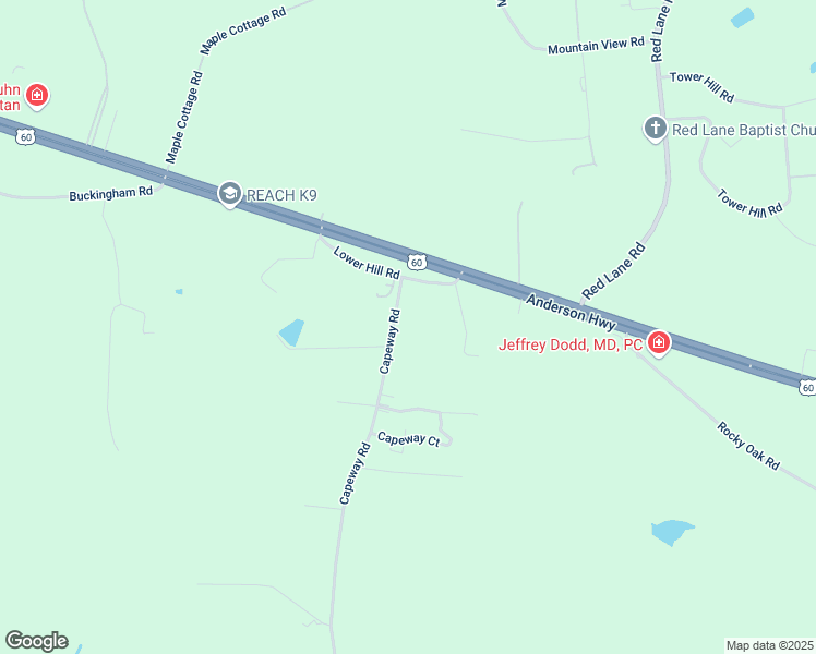 map of restaurants, bars, coffee shops, grocery stores, and more near 1960 Capeway Road in Powhatan