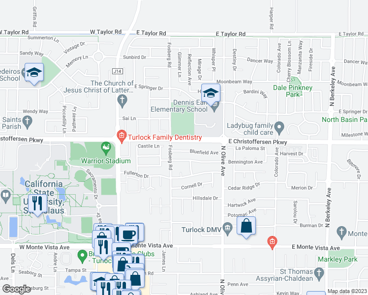 map of restaurants, bars, coffee shops, grocery stores, and more near 505 Bluefield Avenue in Turlock