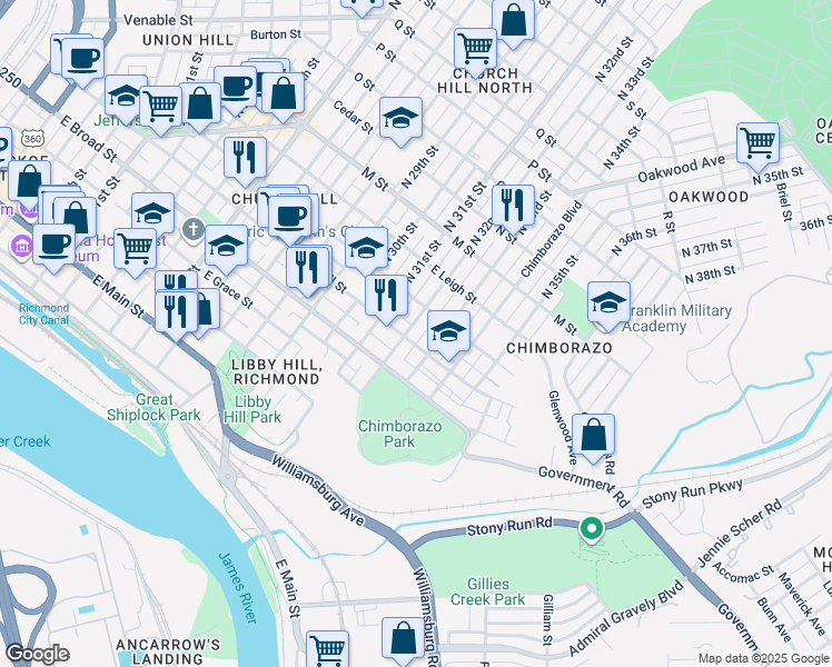 map of restaurants, bars, coffee shops, grocery stores, and more near 407 North 32nd Street in Richmond