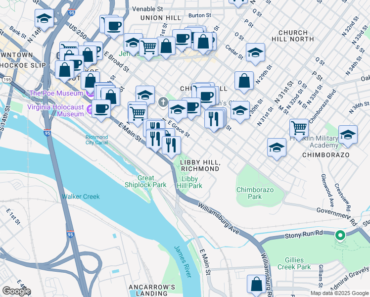 map of restaurants, bars, coffee shops, grocery stores, and more near 2714 East Franklin Street in Richmond