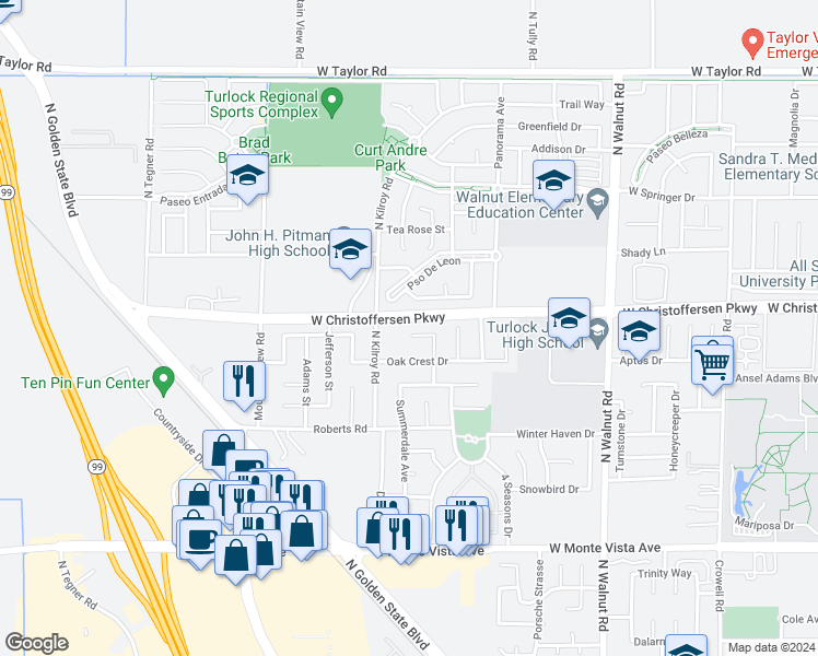 map of restaurants, bars, coffee shops, grocery stores, and more near 2403 Silver Leaf Lane in Turlock