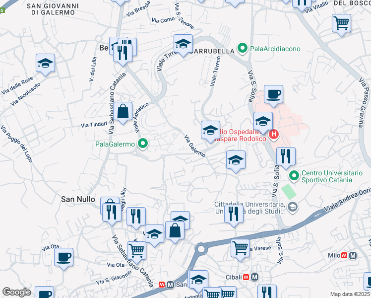 map of restaurants, bars, coffee shops, grocery stores, and more near 17 Via Fratelli Gualandi in Catania