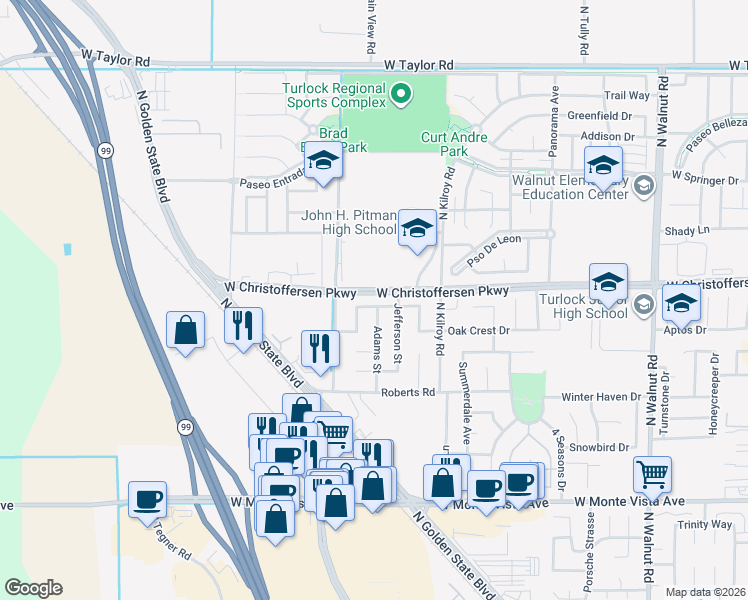 map of restaurants, bars, coffee shops, grocery stores, and more near 2810 Wright Street in Turlock