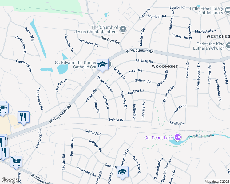 map of restaurants, bars, coffee shops, grocery stores, and more near 2509 Woodmont Drive in Richmond