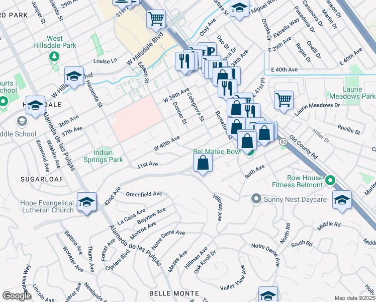 map of restaurants, bars, coffee shops, grocery stores, and more near 190 41st Avenue in San Mateo