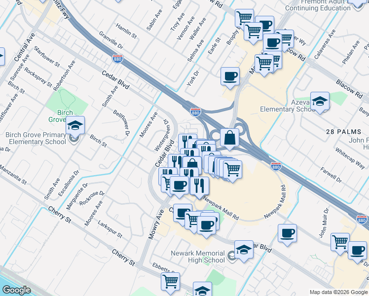 map of restaurants, bars, coffee shops, grocery stores, and more near 38981 Primula Terrace in Newark