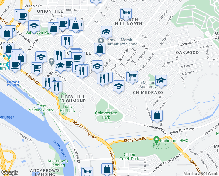 map of restaurants, bars, coffee shops, grocery stores, and more near 407 North 32nd Street in Richmond