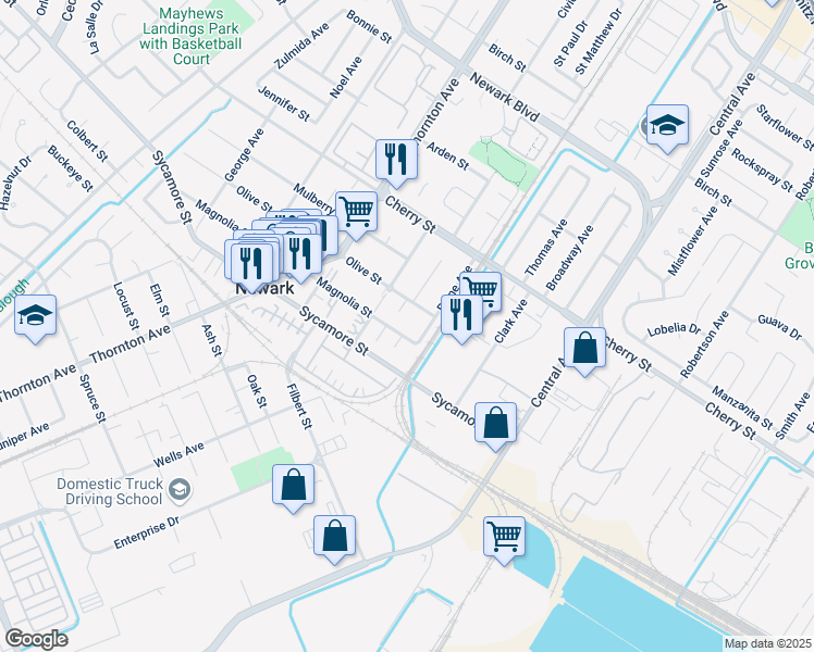 map of restaurants, bars, coffee shops, grocery stores, and more near 37280 Magnolia Street in Newark