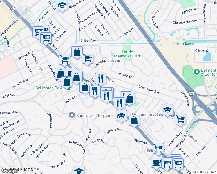 map of restaurants, bars, coffee shops, grocery stores, and more near 215 Old County Road in Belmont