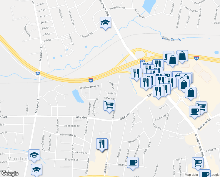 map of restaurants, bars, coffee shops, grocery stores, and more near 4305 Queens Court in Henrico
