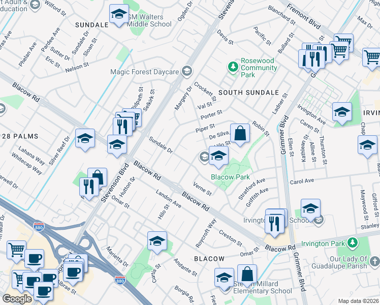 map of restaurants, bars, coffee shops, grocery stores, and more near 4753 Bach Court in Fremont