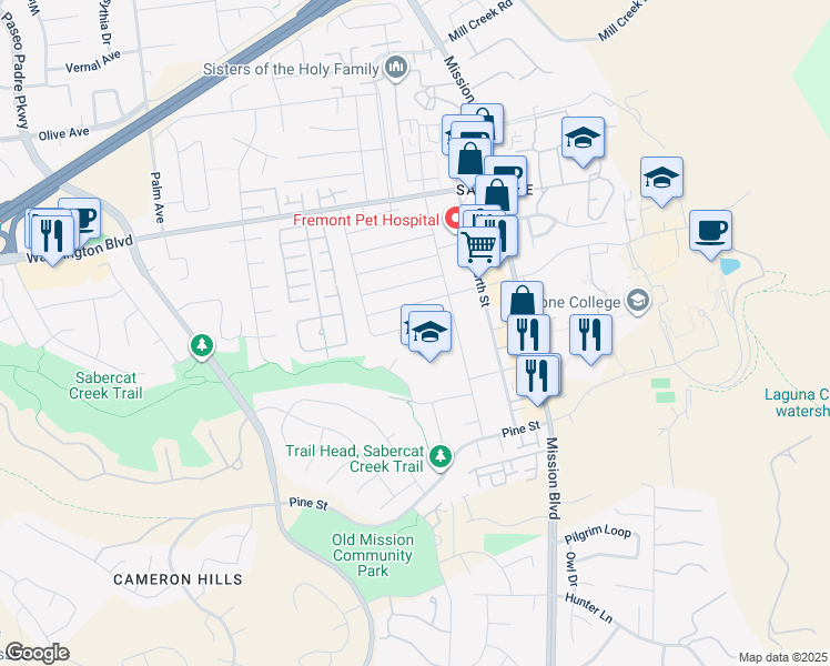 map of restaurants, bars, coffee shops, grocery stores, and more near 338 De Leon Avenue in Fremont