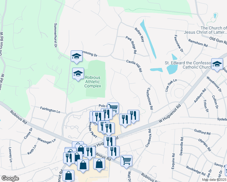 map of restaurants, bars, coffee shops, grocery stores, and more near 2705 Annakay Crossing in Midlothian