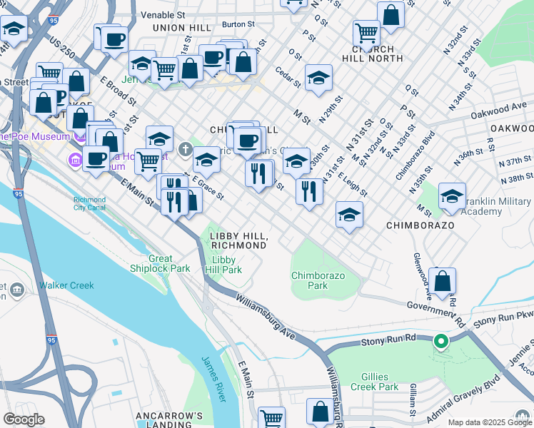 map of restaurants, bars, coffee shops, grocery stores, and more near 2911 1/2A East Broad Street in Richmond