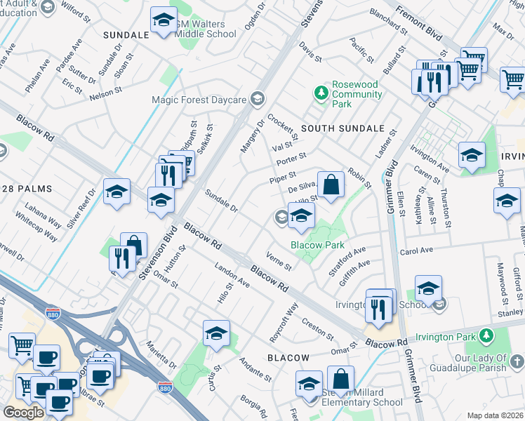map of restaurants, bars, coffee shops, grocery stores, and more near 4753 Bach Court in Fremont