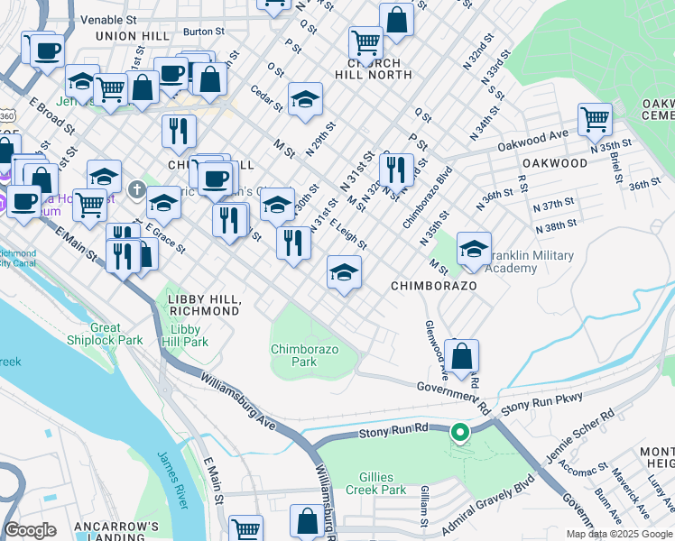 map of restaurants, bars, coffee shops, grocery stores, and more near 422 North 33rd Street in Richmond