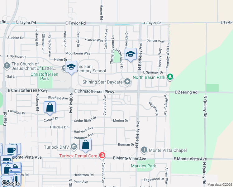 map of restaurants, bars, coffee shops, grocery stores, and more near 1280 Harvest Drive in Turlock
