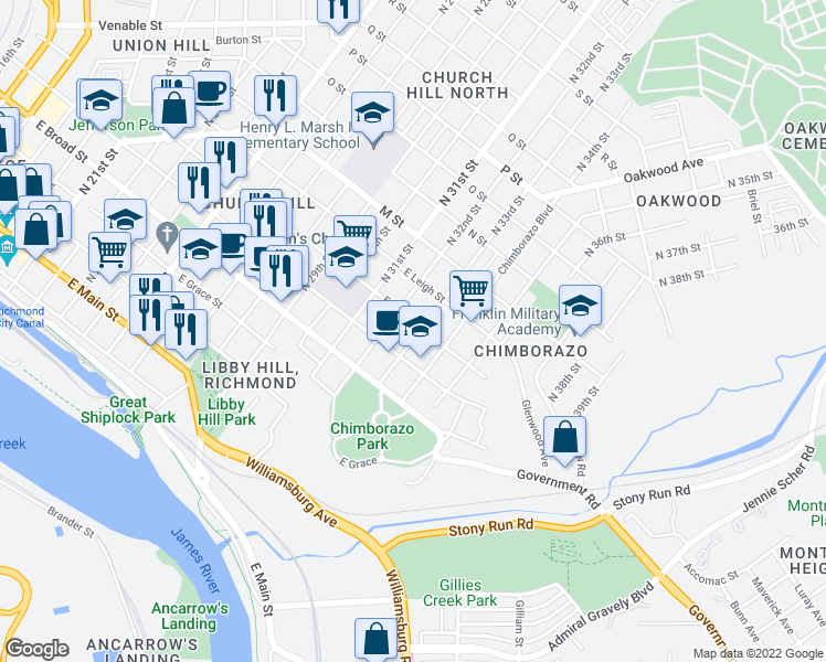 map of restaurants, bars, coffee shops, grocery stores, and more near 422 North 33rd Street in Richmond