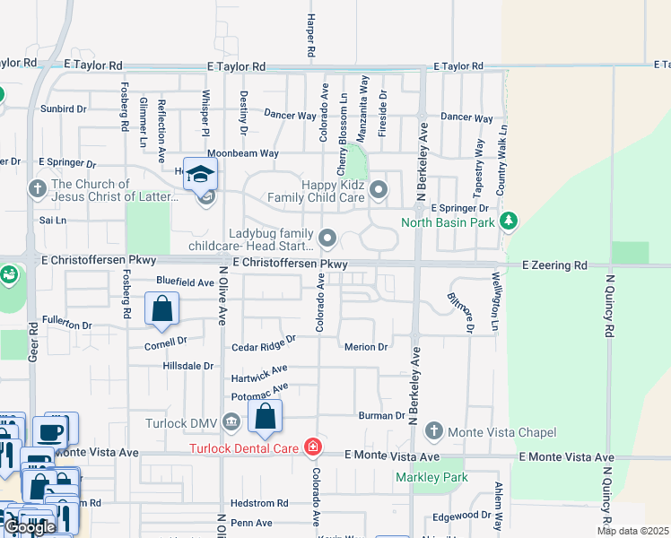 map of restaurants, bars, coffee shops, grocery stores, and more near 1280 Harvest Drive in Turlock