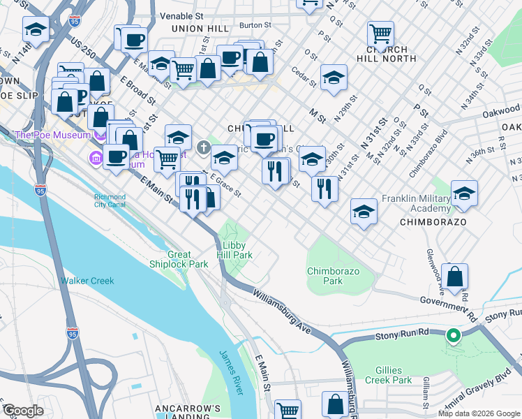 map of restaurants, bars, coffee shops, grocery stores, and more near 116 North 29th Street in Richmond