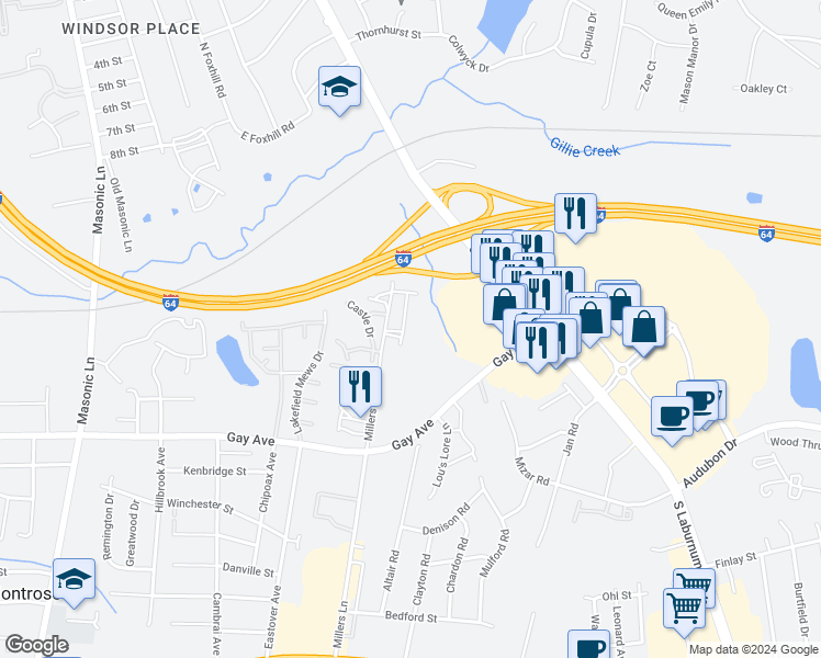 map of restaurants, bars, coffee shops, grocery stores, and more near 4321 Kidsgrove Road in Henrico
