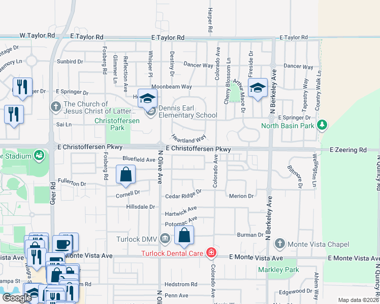 map of restaurants, bars, coffee shops, grocery stores, and more near 1022 La Paloma Street in Turlock