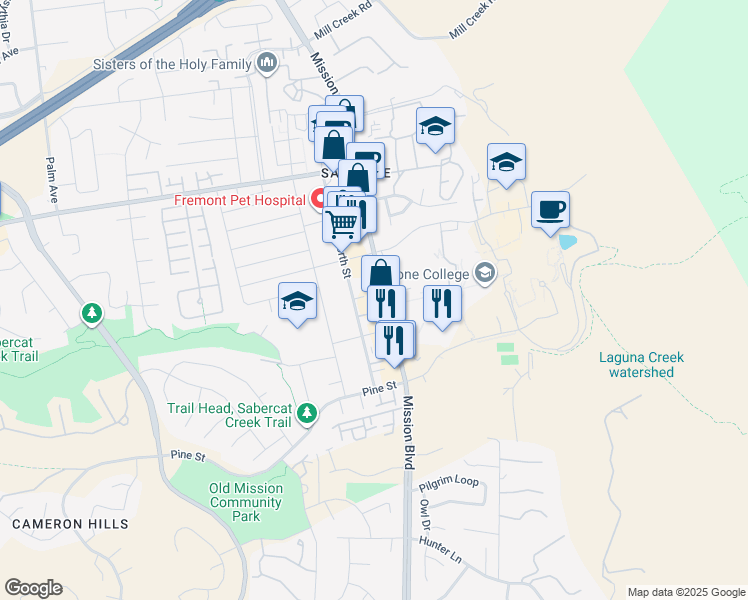 map of restaurants, bars, coffee shops, grocery stores, and more near 133 Mission Square Terrace in Fremont
