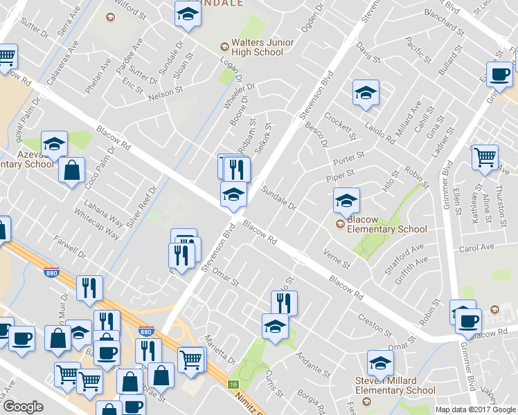 map of restaurants, bars, coffee shops, grocery stores, and more near 4950 Stevenson Boulevard in Fremont