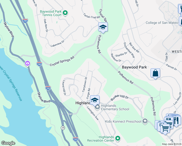 map of restaurants, bars, coffee shops, grocery stores, and more near 1487 Tarrytown Street in San Mateo