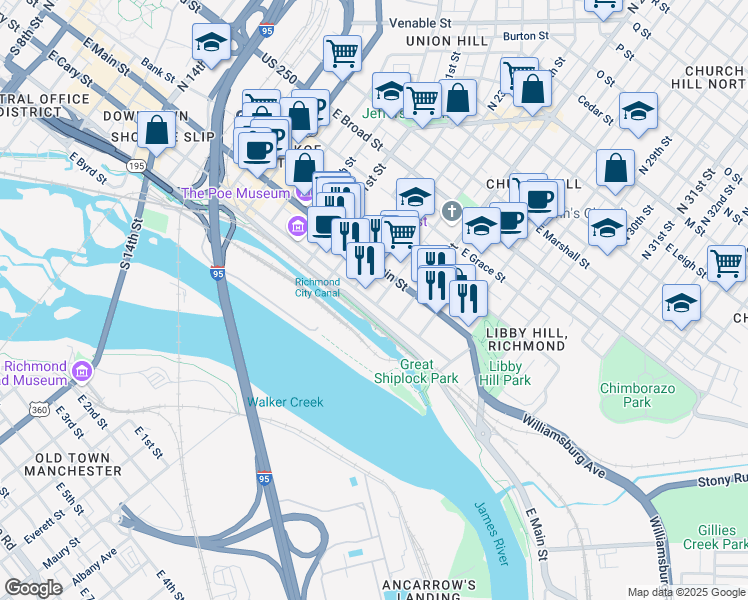 map of restaurants, bars, coffee shops, grocery stores, and more near 2400 East Cary Street in Richmond