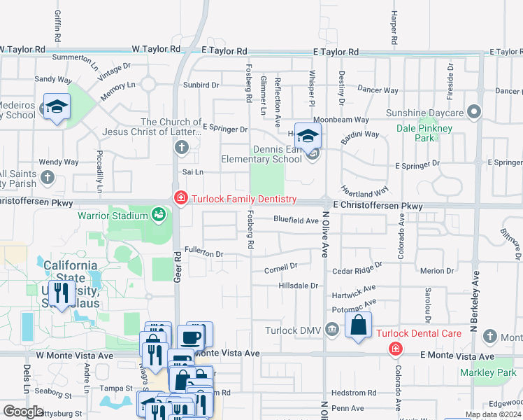 map of restaurants, bars, coffee shops, grocery stores, and more near 440 East Zeering Road in Turlock
