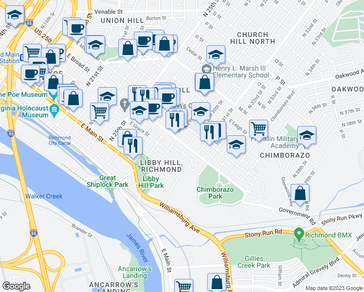 map of restaurants, bars, coffee shops, grocery stores, and more near 2913 East Broad Street in Richmond