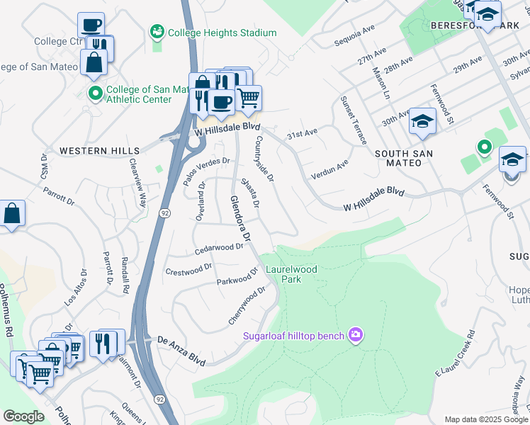 map of restaurants, bars, coffee shops, grocery stores, and more near 3371 Shasta Drive in San Mateo