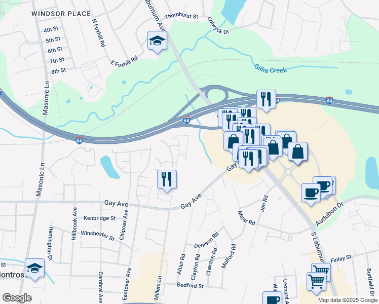 map of restaurants, bars, coffee shops, grocery stores, and more near 4321 Kidsgrove Road in Henrico